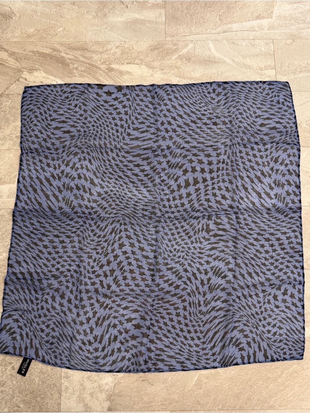 Mugler Parfums blue and black 27”x27” sheer scarf